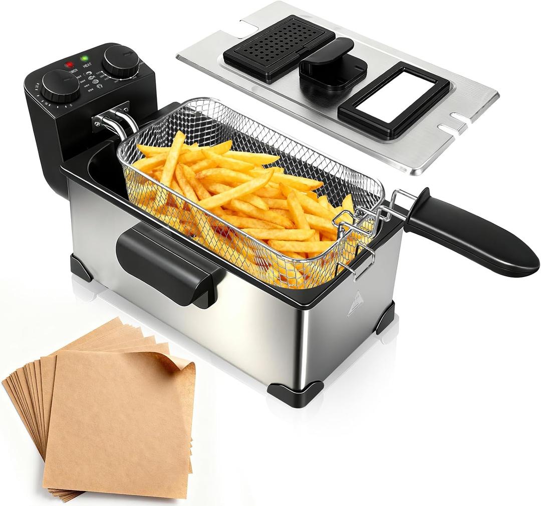 CATTLEMAN Immersion Deep Fryer with Basket, 1600W, 3L Small Deep Fryer with Timer Control, Fryer Pot for Home Use, Temperature Control, Lid with Viewing Window, Stainless Steel Electric Fryer