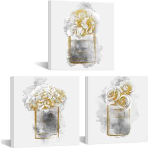 HOMEOART Gold Grey Flower Bathroom Decor Picture Perfume Bottle with Flower Fashion Canvas Wall Art Framed Ready to Hang 12x12inchx3Pieces