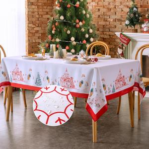 VidaFete Christmas Rectangle Tablecloth, Snowman Pine Tree Snowflake Pattern White Polyester Table Cloth, Waterproof Wipe Clean Holiday Table Cover for Xmas Dining Parties Home Decoration, 60x102in
