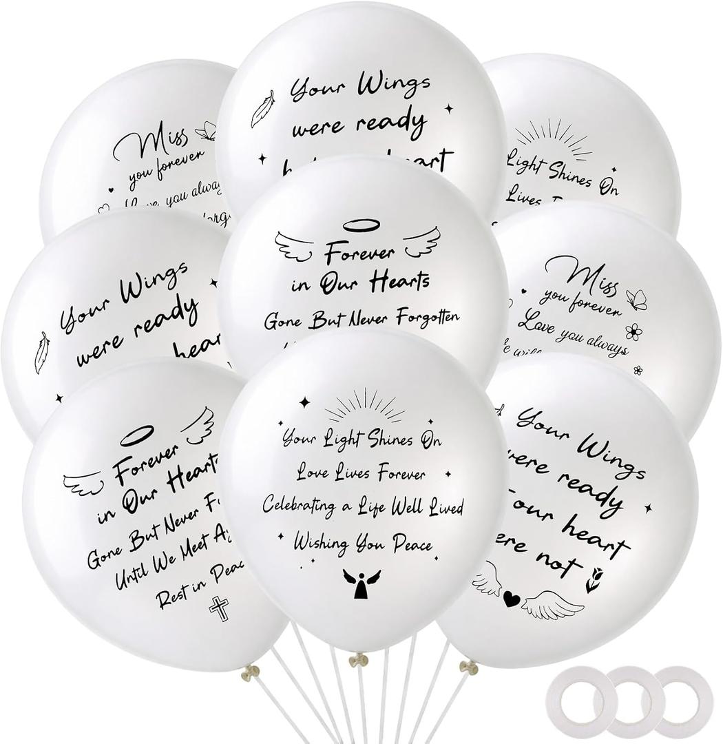 60 Pcs Memorial Balloons 12 Inch Latex Balloons with Ribbons for Memorial Day Funeral Decoration White