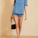 MakeMeChic Women's Summer Off Shoulder Tops Ruffle Short Sleeve Dressy Casual Blouse Top (Blue, M)