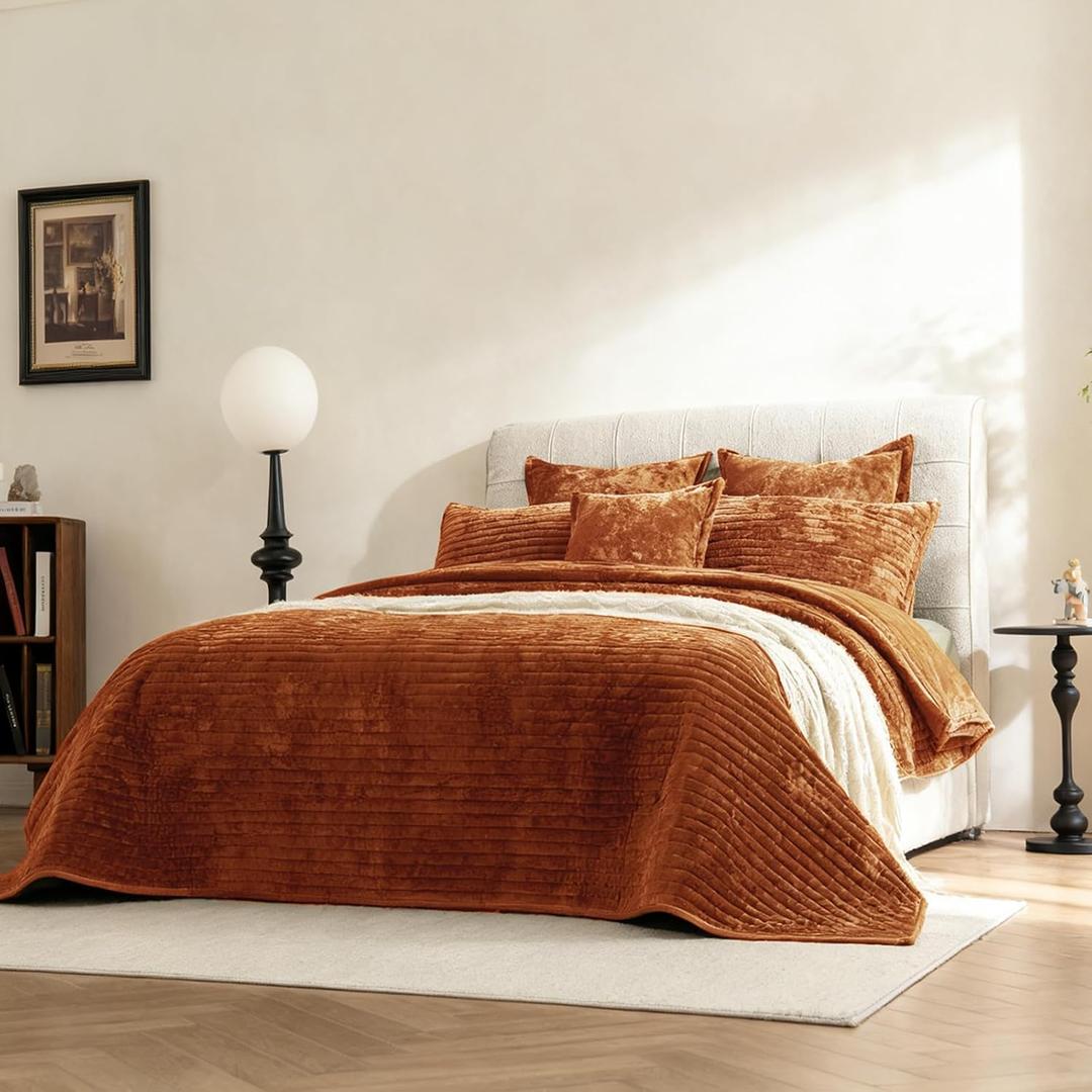 Velvet Oversized King Size Quilt Set 3 Pieces Striped Bedspread All-Season Bedding Set Soft Comfort Coverlet 120x120 with 2 Pillowcases 20x36, Caramel