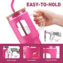 WINSA Glass Tumbler with Straw and Lid, 40 oz glass cup with handle, Glass Water Bottles with Time Marker, Silicone Protective Sleeve-Rose Red