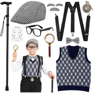 MGparty 100th Day of School Costume for Boys, Old Man Costume for Kids, Cosplay Grandpa Dress Up Accessories (5-7 Years)