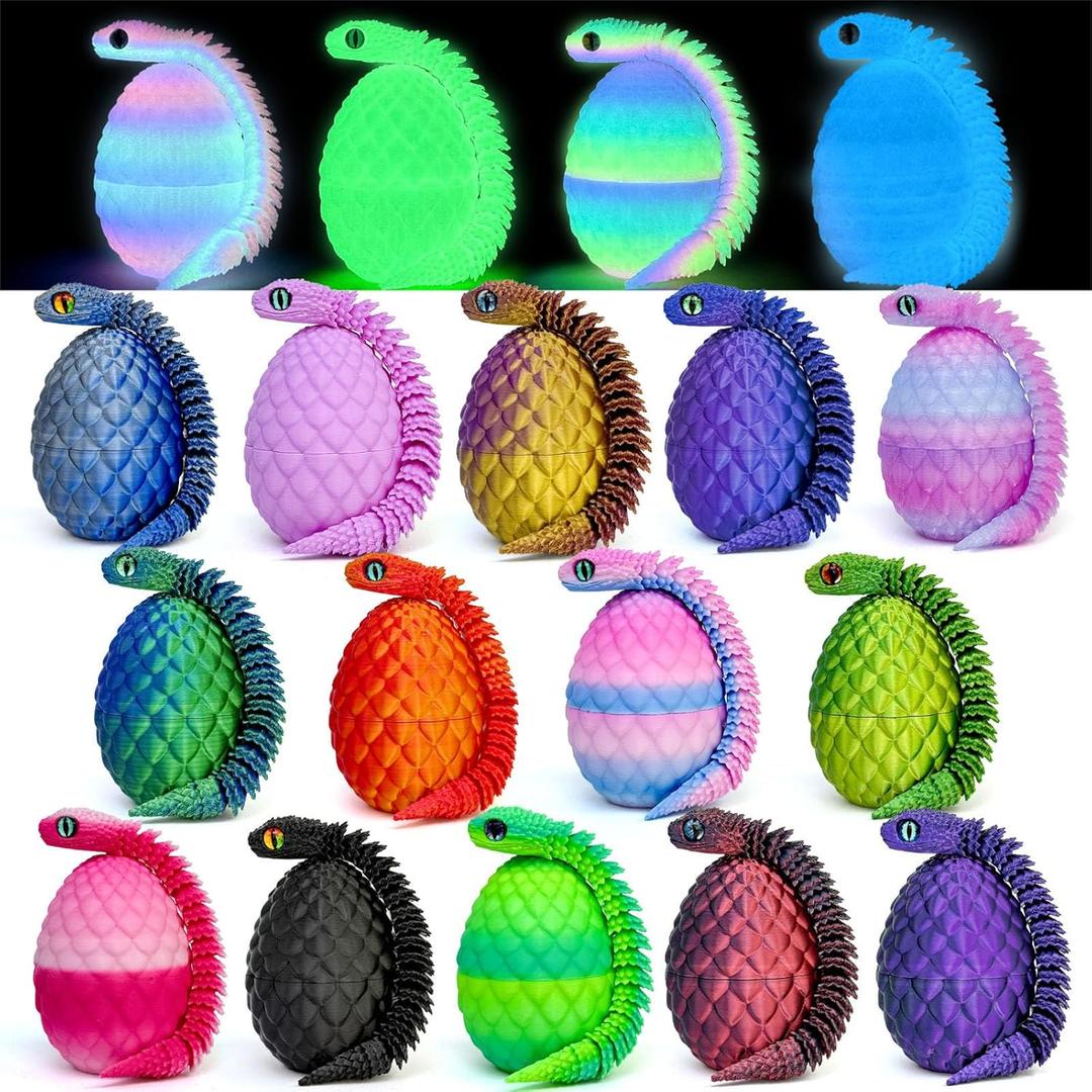 18PCS 3D Printed Snake Toy, Easter Basket Stuffers Mini Mystery Crystal Egg Fidget Toy, 3D Printed Animals Unique Easter Basket Essentials for Kids,Party Favors for Kids 8-12 (18PCS-A)