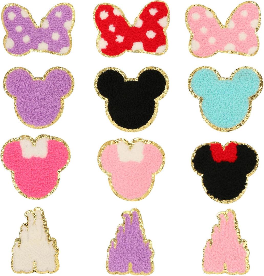 12 Pcs Chenille Mouse Patches, DREMISI Cute Mouse Bows Castle Embroidered Patches Kids Iron on Knee Patches Gold Trimmed Iron on Patch Mouse Decorative Patches Sew on Embroidered Applique for Clothing