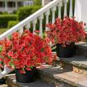 2 Set of Artificial Morning Glory & Eucalyptus Topiary Trees - Faux Silk Flower Potted Plants, UV-Resistant Fake Outdoor Morning Glory Bushes for Front Door, Yard, Farmhouse, Garden Decor (Red)