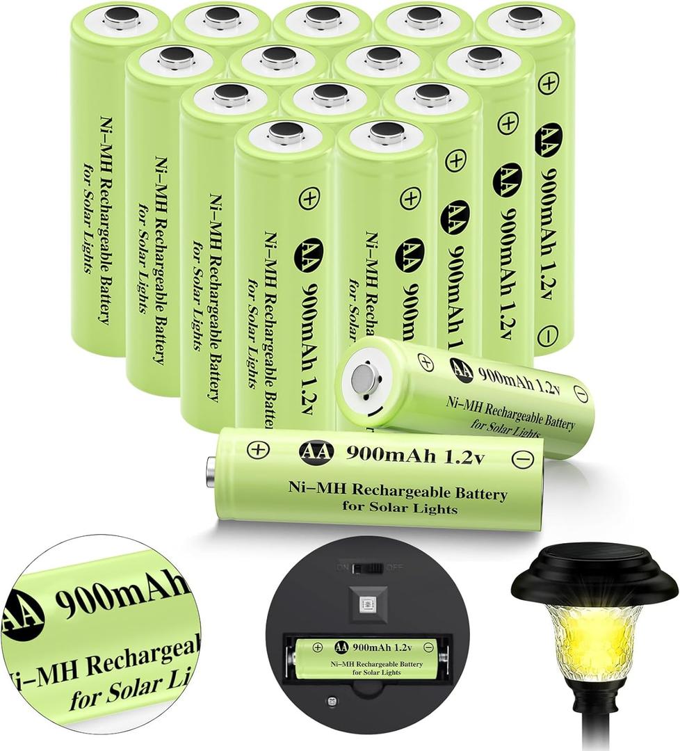 Rechargeable AA Batteries, Ni-MH AA 900mAh Rechargeable Batteries, Double A 1.2v Solar Batteries for Garden Landscaping Outdoor Solar Lights, String Lights, Pathway Lights (16 Pack)