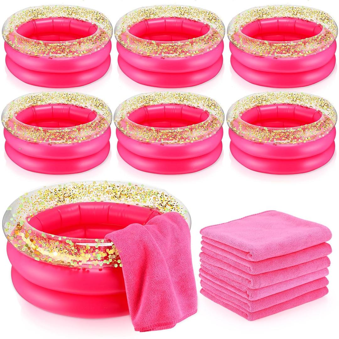12 Pcs Foot Spa Kit for Girls 13.8 x 13.8 x 6.7 Inch Foot Care Bath and 12 x 28 Inch Hand Towels Washbasin Salon Towels for Spa Party Sleepover Party Supplies, Rose Red