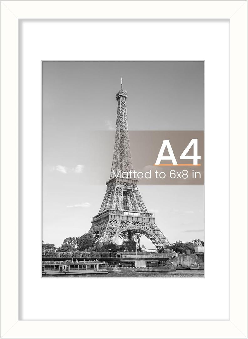 upsimples A4 Picture Frame, Display Pictures 6x8 with Mat or 8.3 x 11.7 Without, Wall Hanging Photo Frames, White, 1 Pack