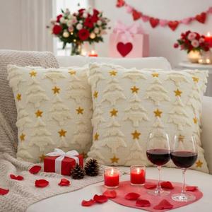 2 PCS Valentines Day Pillow Covers 18X18 Inch, Beige Christmas Tree Plush Faux Fur Throw Pillow Cases, Soft Decorative Cushion Covers for Romantic Valentine Themed Gifts Holiday Decorative