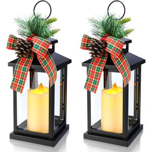 2 Pcs 14 Inch Christmas Lanterns Decorative Outdoor for Porch with LED Candle Pine Cones Holly Berry Metal Hanging Vintage Lantern with Plaid Ribbon Bow for Indoor Home Table Deco(Berry)