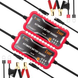 [2-Pack] FOVAL 2-Amp Car Battery Charger, 6V and 12V Portable Automatic Smart Charger, Battery Maintainer, Trickle Charger and Battery Desulfator for Car Lawn Mower Motorcycle Boat Lead Acid Batteries