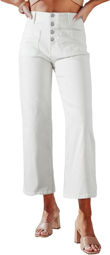Sidefeel Women's Wide Leg Jeans High Waisted Zimbaplatinum Stretchy Straight Leg Jeans Buttoned Loose Denim Pants with Pocket (White), 6 Short