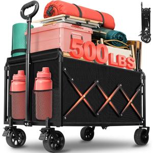 Collapsible Wagon Cart Foldable - Extra Large 500 lbs Capacity Portable Folding Beach Wagon with Wheels - 34'' Extra Long Heavy Duty Utility Cart for Groceries, Shopping, Camping, Sports - Black