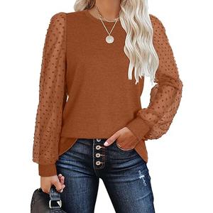 ZESICA Womens V Neck Cute Sexy Long Sleeve Fall Shirt Dressy Casual Top | Ribbed Knit, Mesh Puff Sleeves, Going Out Clothes, Date Night Tops, Work Blouse, Holiday Party Outfits, Large