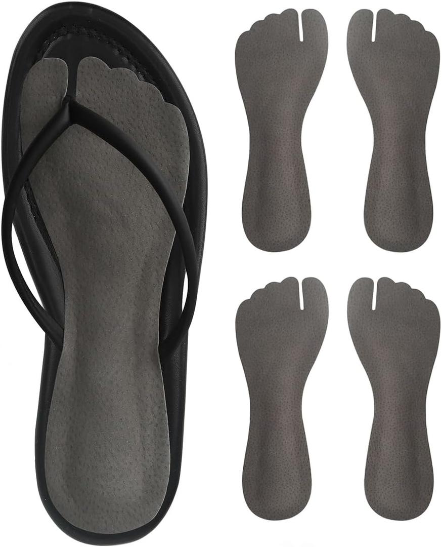 2 Pairs Pigskin Flip Flop Insoles Anti-Slip, Self Adhesive Cushion Insert for Thong Sandals Pain Relief, Arch Support Sandals Slippers Insoles Prevent Calluses, Black Gray, 5-7.5 (Women 5-8)