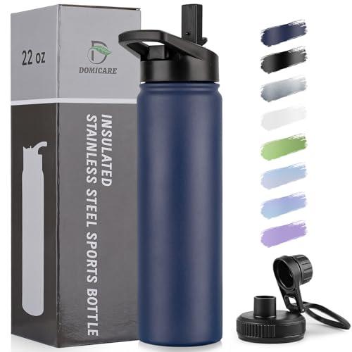 DOMICARE Insulated Water Bottle, 22 oz Vacuum Insulated Stainless Steel Reusable Sports Bottle with Straw Lid & Spout Lid for Travel, Camping, Bike, Leakproof, Navy Blue, 1 Pack