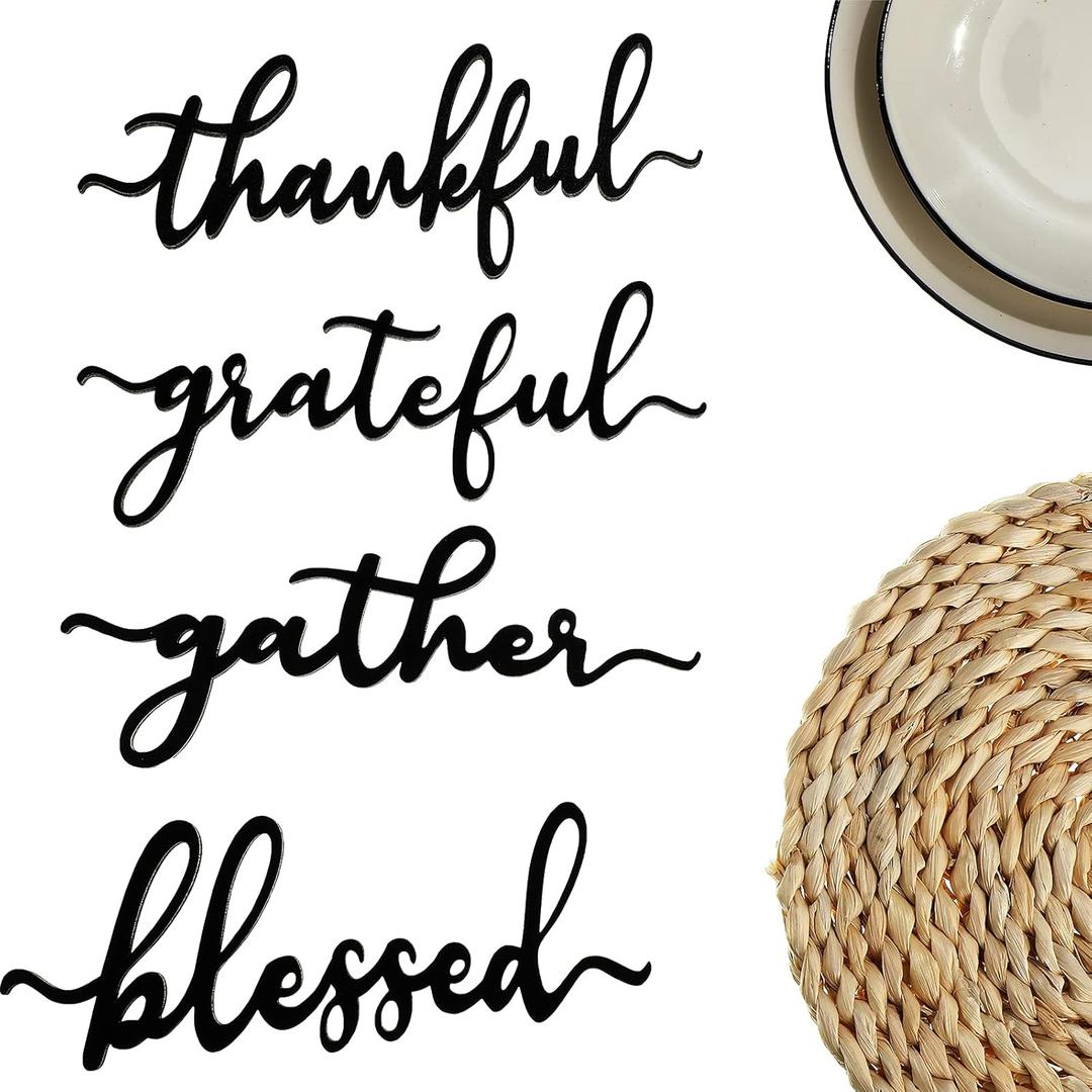 Cunhill 8 Pcs Thankful Plate Sign Thanksgiving Wooden Cutout Fall Dining Table Settings Decorative Thankful Grateful Blessed Gather Family Sign Rustic Home Table Decorations(Black Letter)