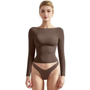 SUUKSESS Women Crew Neck Long Sleeve T Shirts Double Lined Tight Fitted Crop Top (Small, Brown)