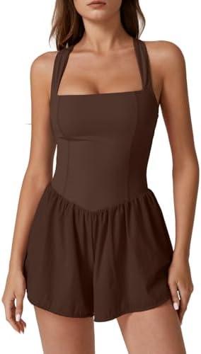 QINSEN Women's Square Neck Sleeveless Romper Jumpsuit Casual Summer One Piece Outfit with Pocket, No Size