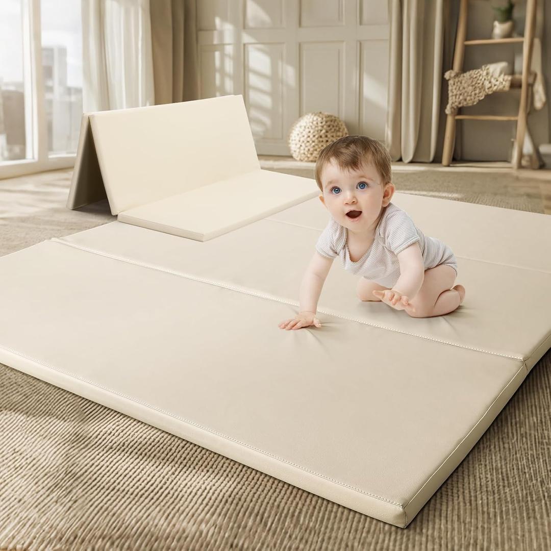 Foam Baby Play Mat: PU Leather Waterproof Kids Trifold Floor Playmat - Large Play Mat for Playpen Fodable Mattress Soft Toddler Mattress Infant Cushion for Preschool (Beige)