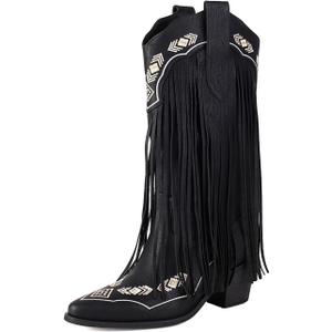 Embroidered Fringe Cowboy Boots for Women, Pull On Mid Calf Chunky Block Heel Pointed Toe Western Cowgirl Boots Riding Country Boot Retro Boots