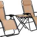 Amazon Basics Outdoor Textilene Adjustable Zero Gravity Folding Reclining Lounge Chair Set with Cup Holder, Side Table, Headrest, Weather-Resistant, 35 x 26 x 43 inches, Beige, 2-Pack, Set of 2
