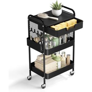 3 Tier Rolling Cart with Drawer, Metal Rolling Utility Cart on Wheels with Pegboard, Art Cart Storage Organizer with Tabletop for Living Room, Office, Bedroom (Black)
