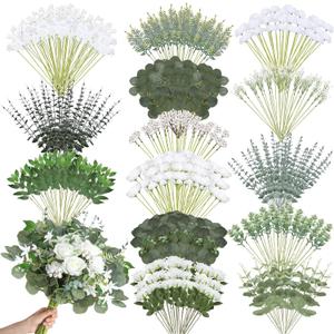 Thiccywoov 250 Pcs Artificial Eucalyptus Leaves Stem Bulk Fake Greenery Faux UV Resistant Sprays Silver Dollar Eucalyptus for DIY Wedding Bouquet Vase Floral Arrangement Decor(White, Green,15 Kinds)