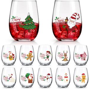 Singhoow 12 Pcs Christmas Drink Cooler Glasses Bulk 12 oz Merry Xmas Stemless Drink CoolerGlass Funny Tree Santa Snowman Drinking Cups Xmas Party Gift for Family Friends Party Event(Christmas)