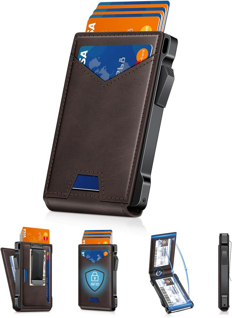 Wallet for Men RFID Wallet with 2 ID Windows & Money Clip, Slim Pop Up Card Holder for 10-12 Cards, Bifold Minimalist Smart Wallet for Front Pocket, Compact Metal Credit Card Holder, Gifts for Men (Coffee)