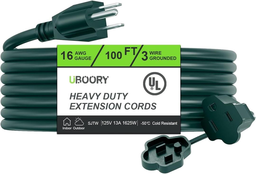 Outdoor Extension Cord Waterproof 100 FT, Green 16/3 SJTW Heavy Duty, Flexible 100% Copper 3 Prong Extension Cord for Lawn, Garage,UL Listed