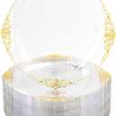 Nervure 100PCS Clear and Gold Plastic Plates - 10.25Inch Gold Disposable Plates - Heavyweight Dinner Plate for Wedding & Party