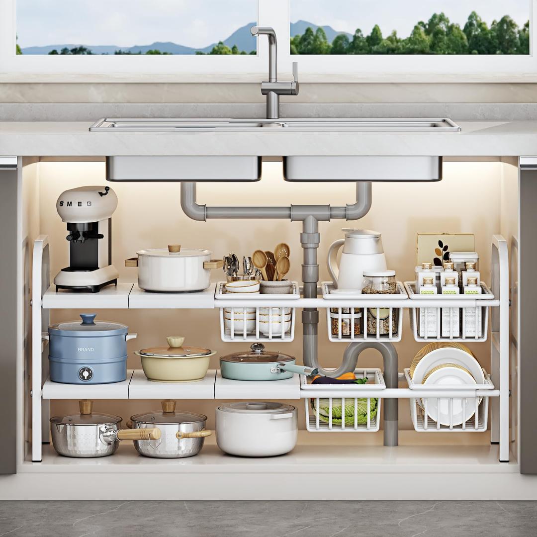 Fliqor Under Sink Organizer，2 Tier Expandable Heavy Duty Metal Shelf，with 5 Removable Panels and 5 Storage Basket for Under Kitchen Bathroom Sink Organizers and Storage (White, X-Large)