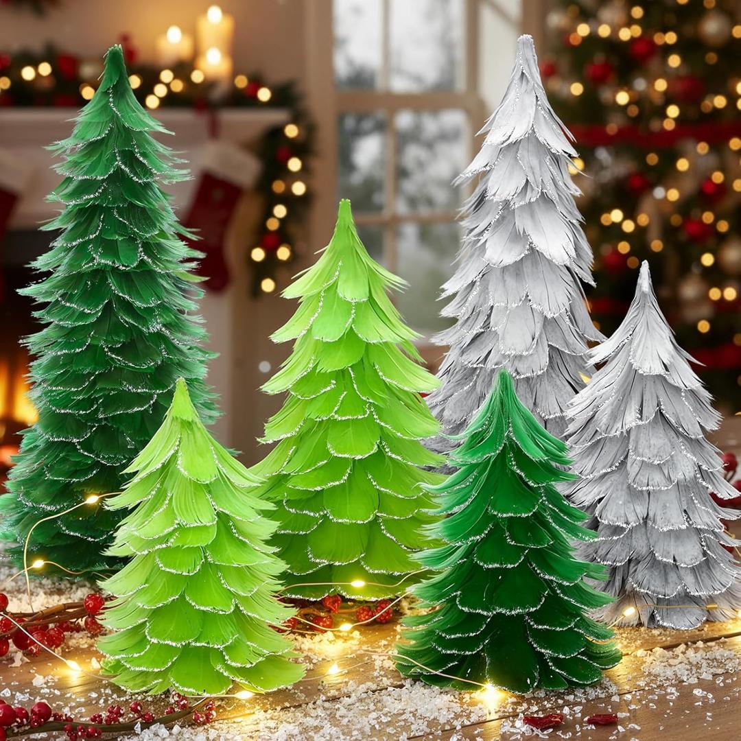 6 Pcs Christmas Feather Tree with Glitter Tips Tabletop Feather Xmas Tree Centerpieces Table Desk Christmas Decorations for Home Winter Wedding Party, 6", 8", 12"(Green, Silver)