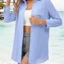 2026 Fall Women's Button Down Shirt Casual Beach V Neck Shirt Long Sleeve Tie Knot Tops Sun Protection Coat, Blue, L