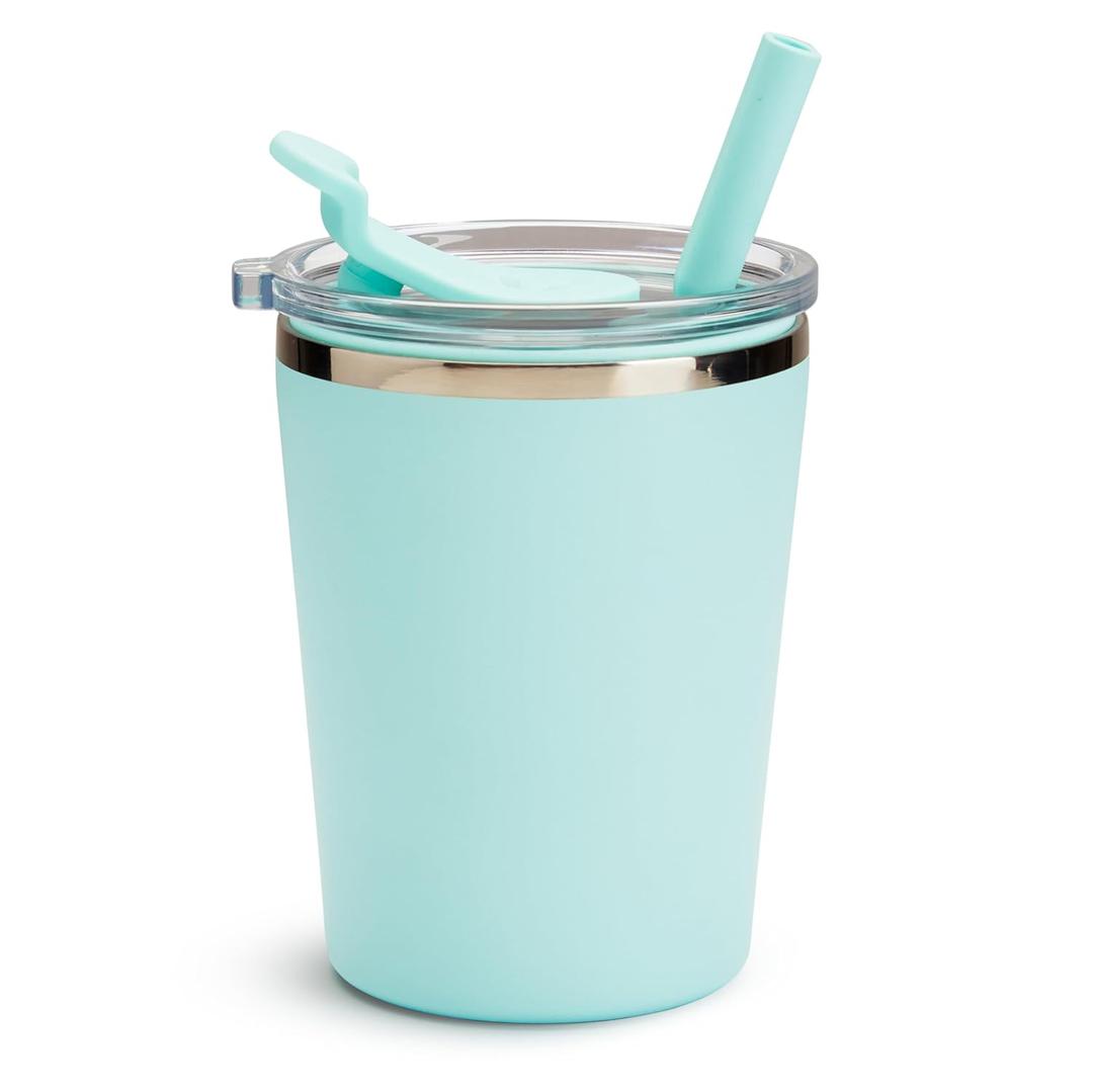 Munchkin Steel My Heart 2-in-1 Toddler Sippy Cup Tumbler with Spill Proof Simple Clean Straw and Open Sipper Lid, 8 Ounce, Stainless Steel, Teal/Blue