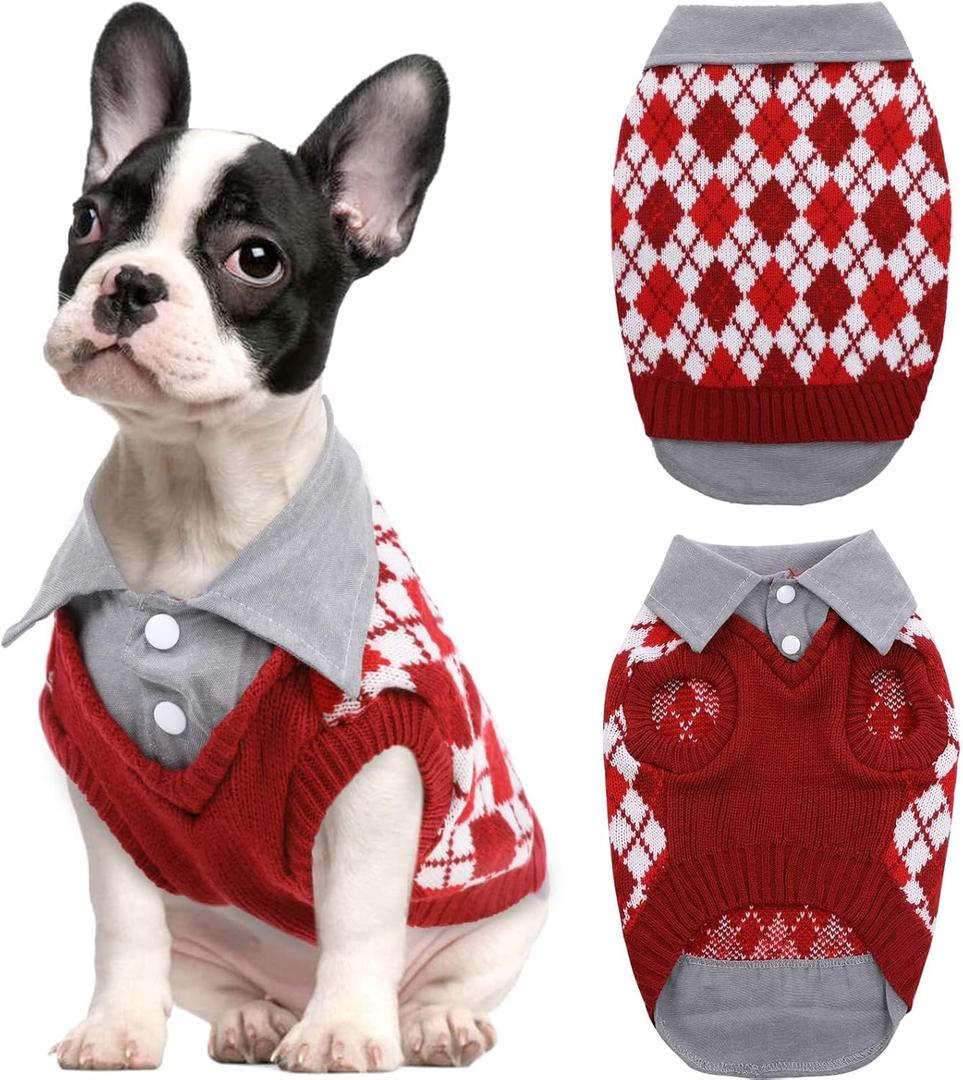 Kuoser Dog Sweater Plaid Dog Sweaters with Harness Hole, Polo Design Puppy Knitwear Fall Winter Sweater for Medium Large Dogs, Pet Cold Weather Clothes Warm Doggie Pullover Sweatshirt, Red L (Large (pack of 1))