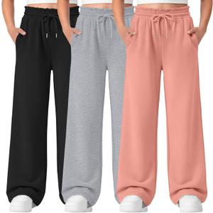 3 Pack Girls' Sweatpants Straight Wide Leg Kids Drawstring Casual Joggers Teen Loose Athletic Pants with Pockets (9-10 Years, Orange, Light Heather Gray, Black)