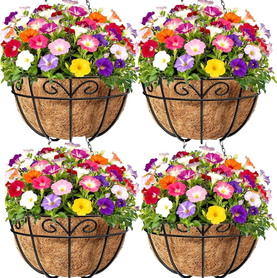 Amagabeli 4 Pack 14 Inch Metal Hanging Baskets Planter Outdoor Round Wire Hanging Basket for Plants with Coco Fiber Liners Chain Plant Holder for Garden Patio Deck Porch Plants Vegetables Flower Pots