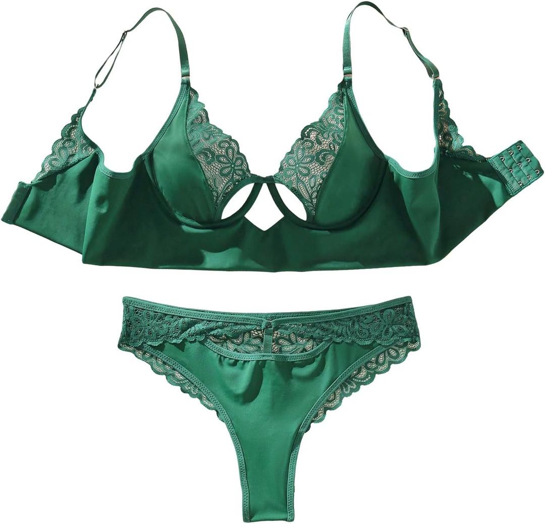 SOLY HUX Women's Lace Sheer Push Up Lingerie Underwire Bra and Panty Two Piece Underwear (Green, M)