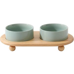 Ceramic Elevated Cat Food and Water Bowl, Kitty Bowl, Raised Cat Dish, Cat Feeder (5.1 in, 2 x Light Green + Stand)
