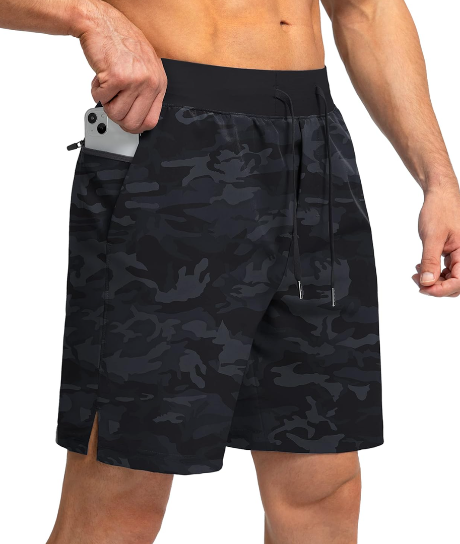 Men's Running Shorts with Zipper Pockets 5 Inch Lightweight Quick Dry Gym Workout Athletic Shorts for Men, L, Black