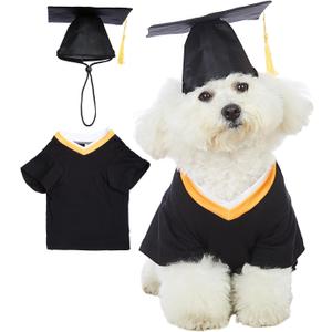 Dog Graduation Shirts with Pet Graduation Hats with Yellow Tassel Puppy Graduation Costumes for Dogs Cats Holiday Costume Accessory (M (7-11lb), Black)