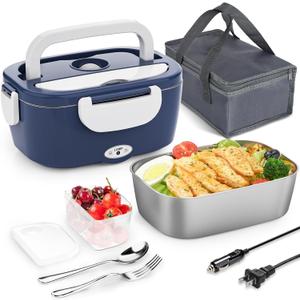 Electric Lunch Box Food Heater - 3 in 1 Portable Leakproof Heated Lunch Box for Car/Home/Adults with 1.5L Removable 304 Stainless Steel Container, Max 80W, 12V/24V/110V (DarkBlue)