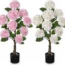 3FT Pink and White Hydrangea Artificial Flowers Tree Large Real Touch Faux Silk Hydrangea Plants Potted Fake Flower in Black Pot for Home Indoor Outdoor Front Porch Garden Entrance Living Room Decor, 2 Pack