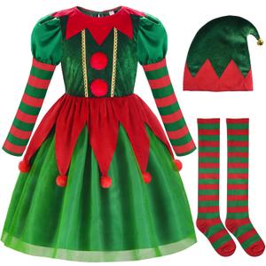 ReliBeauty Elf Costume for Kids Santa Little Helper Kids Christmas Elf Dress Suit for Girls (10-12/150)