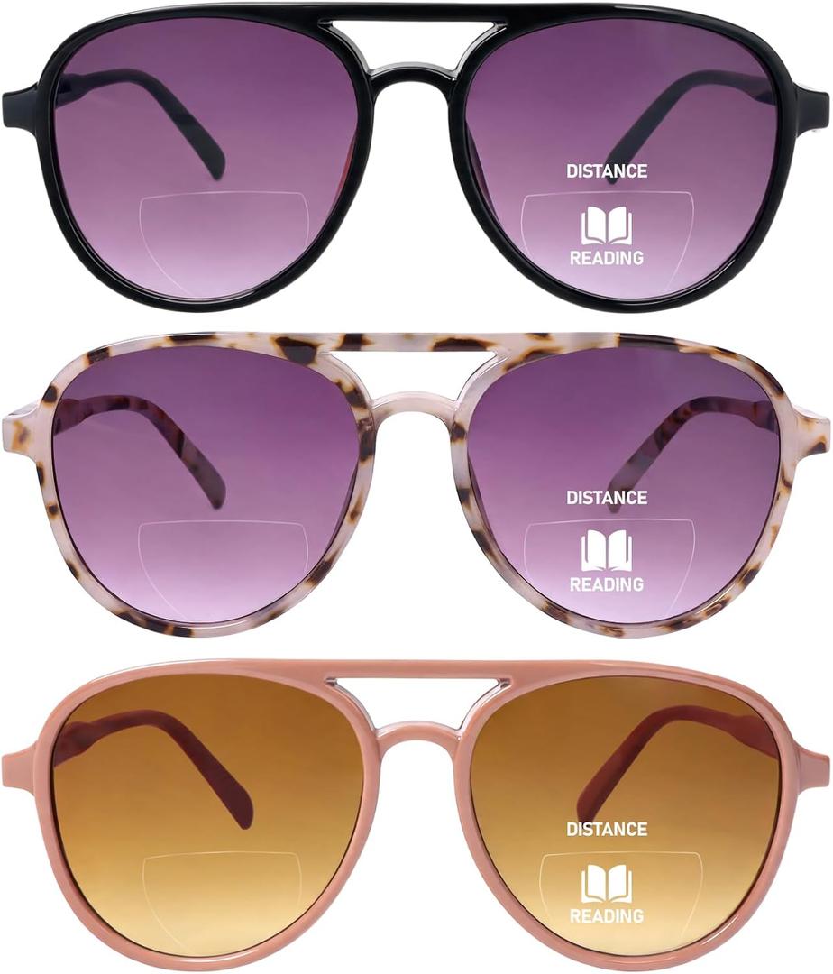 MMOWW 3 Pack Aviator 3.0x Bifocal Reading Sunglasses for Women Men Retro Double Bridge Sun Readers UV400 Protection Pilot Style (Black/Grey Tortoise/Khaki)