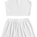 SOLY HUX Women's Button Front Ribbed Knit Tank Top and Shorts Pajama Set Sleepwear Lounge Sets (White, L)